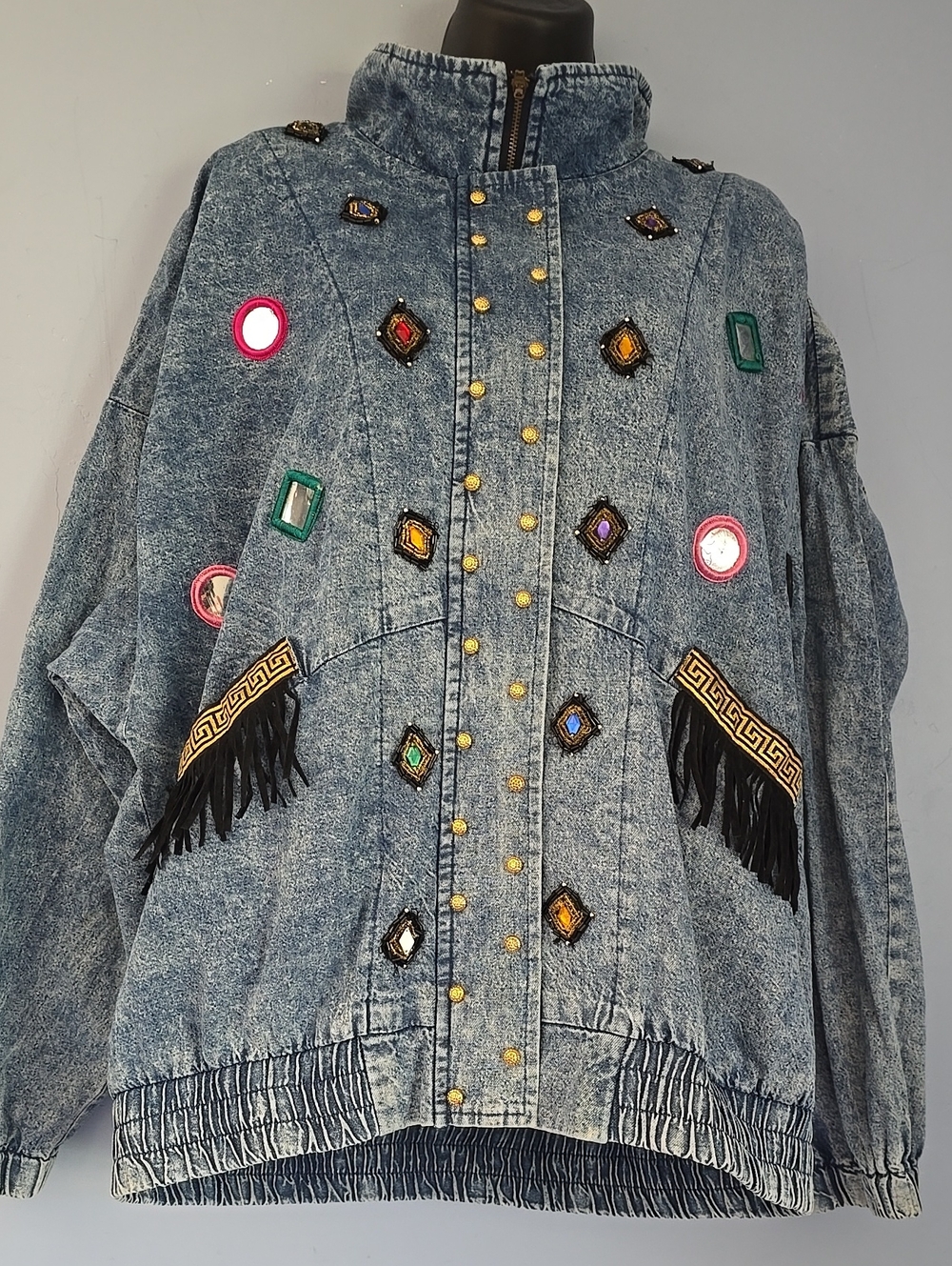 VTG 80s 90s SONDRO Boca Raton Embellished Denim Jacket Jeweled Fringe Zip Front